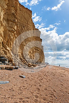 People walking on golden beach underneath towering cliffs on sunny summer day. Jurassic coastline of West Bay in Dorset. UK