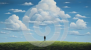 Realistic Surreal Painting Of A Person In A Field With Clouds