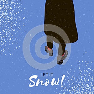 People walking. Let it snow card with snowflakes on blue background. Merry Christmas happy new year winter illustration.