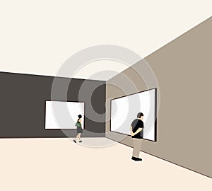 People walking and looking blank white wall mockup in modern gallery.