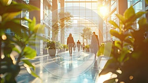 People walking in modern office lobby with trees and sunlight.