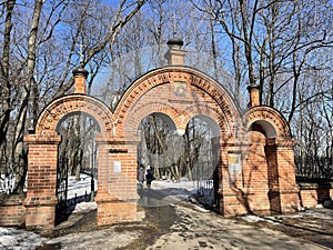 Moscow, Russia, March, 19, 2023. The gate to the territory of the church of Beheading of the head of John the Baptist