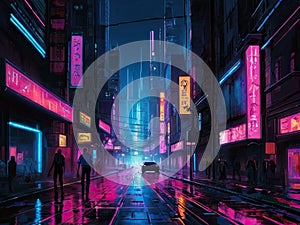 People walking through the night city with neon lights on buildings, synth wave, cyberpunk art style. Generated AI