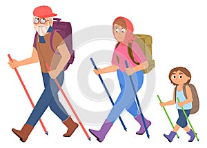 People walking with nordic sticks. Hiking or fitness characters