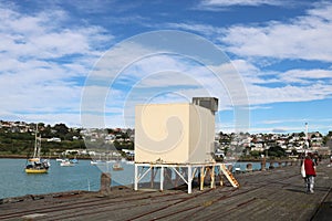 Structure on jetty with old railway track, Oamaru