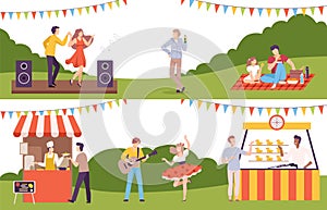 People Walking in the Park Having Picnic and Dancing to Music Enjoying Leisure Activity Vector Illustration Set