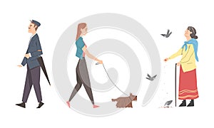 People walking in park set. Senior woman feeding birds in park, girl walking with dog cartoon vector illustration