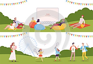 People Walking in the Park Watching Film and Having Picnic Enjoying Leisure Activity Vector Illustration Set