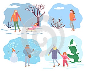 People Walking in Park in Winter, Outdoor Activity