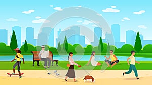 People walking park. Women men activity outdoors sport group running community fun walk nature cartoon lifestyle vector