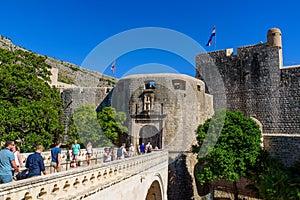 People walking through Pile Gate, the main entrance to the old town of Dubrovnik, Croatia