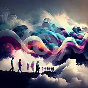 People walking on the road, colorful creative cloud above, future vision, positive optimistic thinking, state of mind