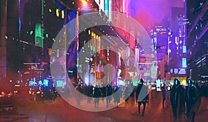 People walking in the sci-fi city at night with colorful light