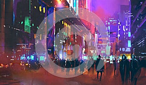 People walking in the sci-fi city at night with colorful light photo