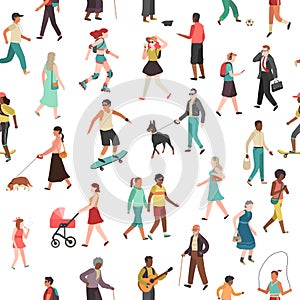 People walking seamless pattern. Women men children group person walk city crowd family park outdoor activity