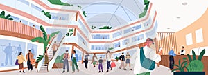 People walking in shopping mall. Customers, buyers, purchasers in retail store, shoppers multi-story center. Modern