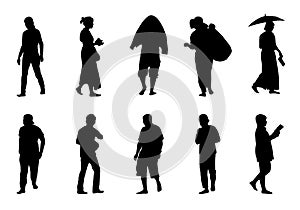 People walking silhouette vector, Women use smartphones and hold an umbrella, Man wearing a hat