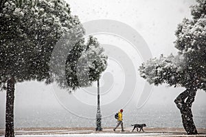 People walking in the snow in the center of the city on a winter day