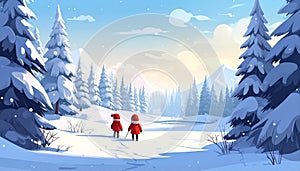 Two people walking snow