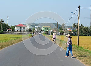 People walking on street with rice fields in Quang Nam, Vietnam