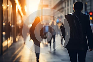 people walking to office environment. Moving crowd motion blurred background. Hand edited generative AI.