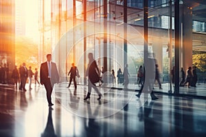 people walking to office environment. Moving crowd motion blurred background. Hand edited generative AI.