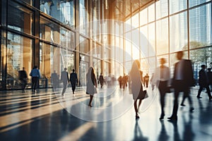 people walking to office environment. Moving crowd motion blurred background. Hand edited generative AI.