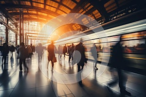 people walking to office environment. Moving crowd motion blurred background. Hand edited generative AI.