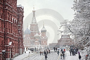 People Walking to and from Red Square in Heavy Snowfall