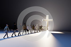 People Walking Towards a Huge Cross Passage - conceptual religious 3d illustration