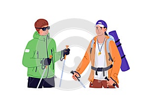 People walking with trekking poles in journey. Hikers travel, carry backpacks with equipment. Tourists, explorers go to