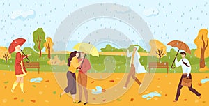 People walking under umbrellas in autumn raining park flat vector illustration. Fall season nature and outdoor photo