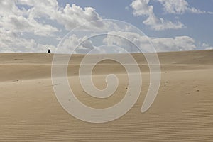 People walking up sand dunes on a bright sunny day in the desert