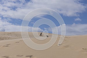 People walking up sand dunes on a bright sunny day in the desert