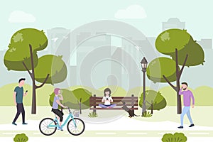 People walking on the urban park using smartphones. Stock vector. People and mobile technology flat illustration.