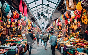People walking through a vibrant Asian market with colorful lanterns and goods