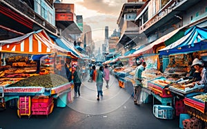 People walking through a vibrant Asian market with colorful lanterns and goods