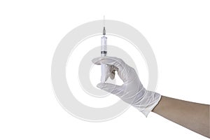 people was wearing medical gloves and holding a syringe, On white background with clipping path