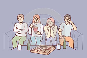 People watch boring movie sitting on couch eating snacks during pizza party with college friends