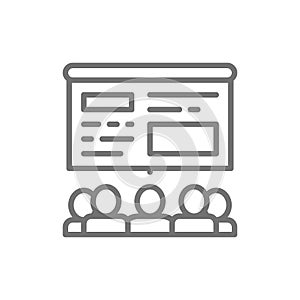 People watch presentation on an interactive whiteboard line icon.