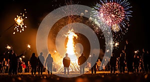 People Watching Bonfire with Fireworks Display at Night