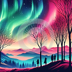 people watching colorful northern lights