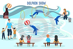People watching dolphin show, entertainment for family with kids, trained animals performance, vector illustration