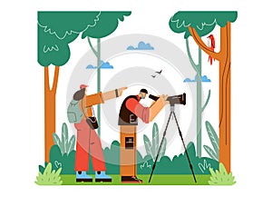 People watching exotic birds in the forest, flat vector illustration.