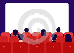 People watching movie in cinema, rear view. Men and women sit in red chairs and watch movies. Watching film on big screen. Vector