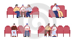 People watching movie in cinema theater flat vector illustration isolated.