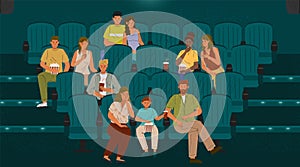 People watching movie at cinema theater and sitting in chairs in auditorium. Concept vector hand drawn illustration