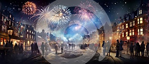 People watching New Year\'s Eve Fireworks in the city center. Firework explosion in the night sky celebrating New Year