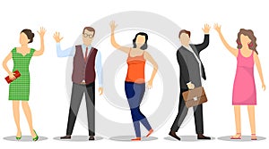 People wave their hands. Portraits of successful people waving. Man and women wave their hand. Flat vector cartoon