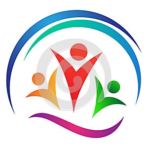 People waves union teamwork success happy active children community globe world partnership logo icon vector design illustration.